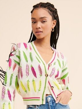 Rachel Antonoff White V-Neck Cardigan with Pink, Green & Yellow Pea Pod Print